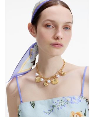 Imitation Pearl Seaside Motif Paperclip Link Collar Necklace, 15-19.3"