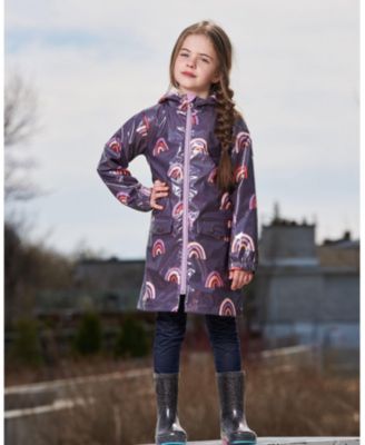 Girls' Printed Rain Coat with Hat on Shiny Background - Little Kid
