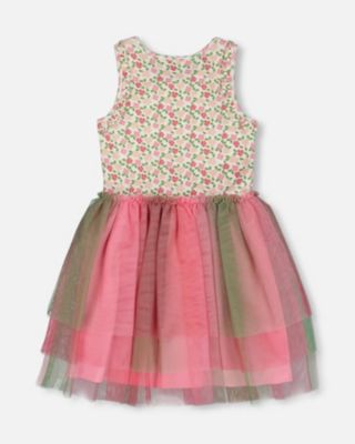  Girls' Bi-Material Cotton and Mesh Dress with Gradient Skirt - Little Kid