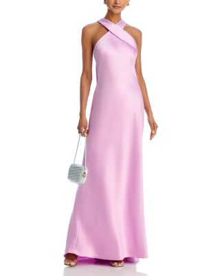 AQUA - Long Satin Tie Neck Gown - Exclusive