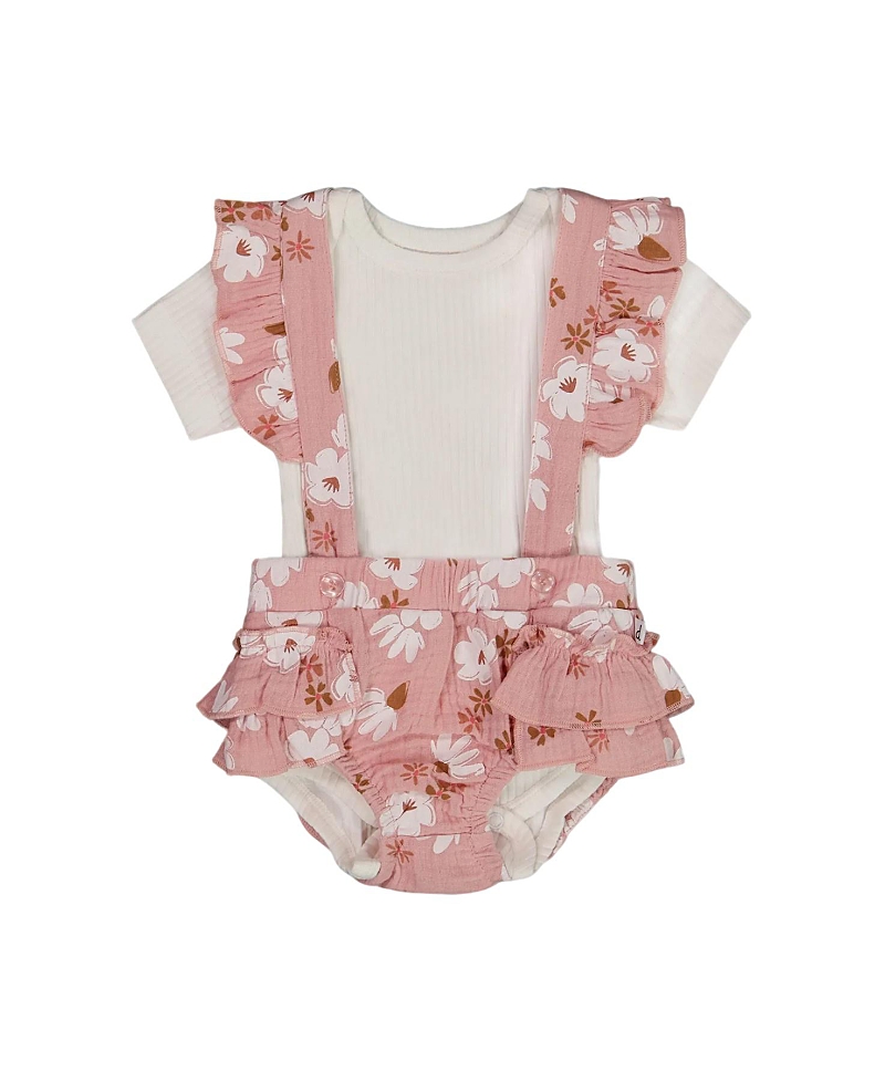 Deux Par Deux Baby Girl's Printed Muslin Short And Organic Cotton Bodysuit Set Pink And White Flower In Pink And White Flowers