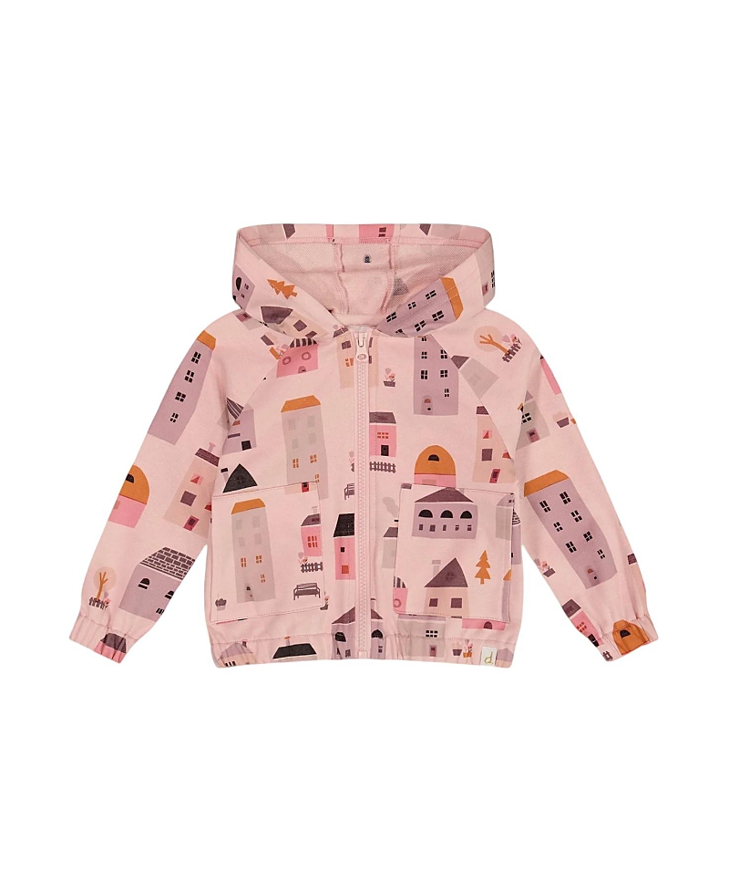 Deux Par Deux Little Girl's Printed French Terry Hoodie Cardigan Pink And Coral Houses In Pink And Coral Houses