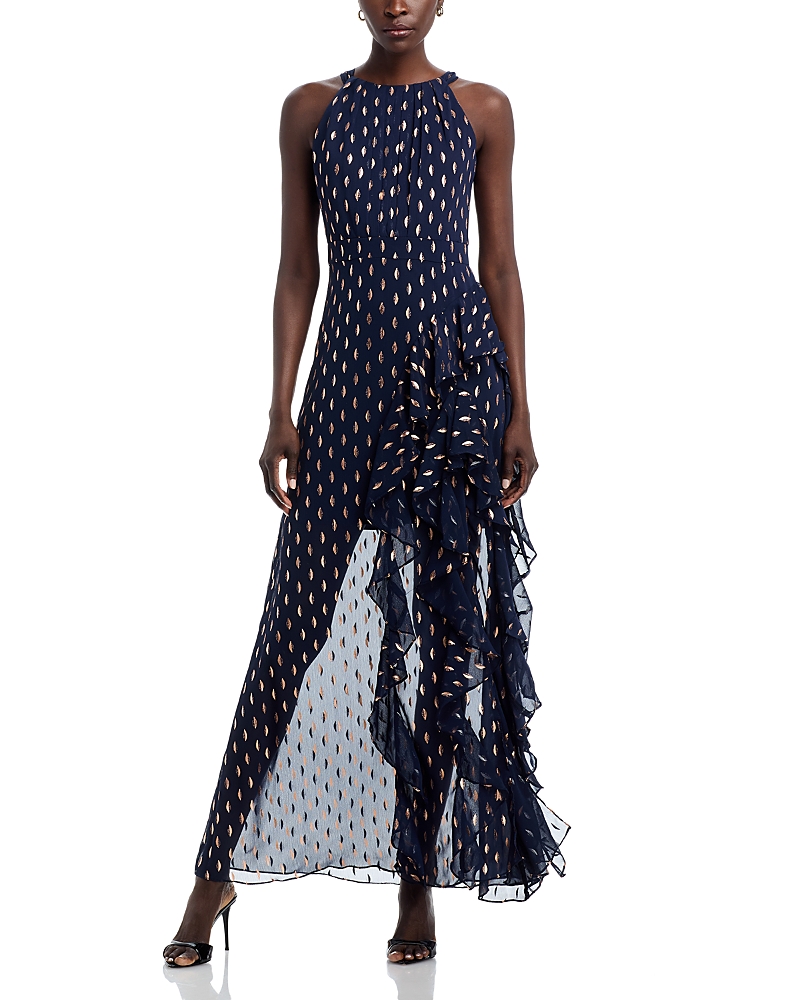 AQUA METALLIC CRESCENT CHIFFON RUFFLE GOWN - EXCLUSIVE