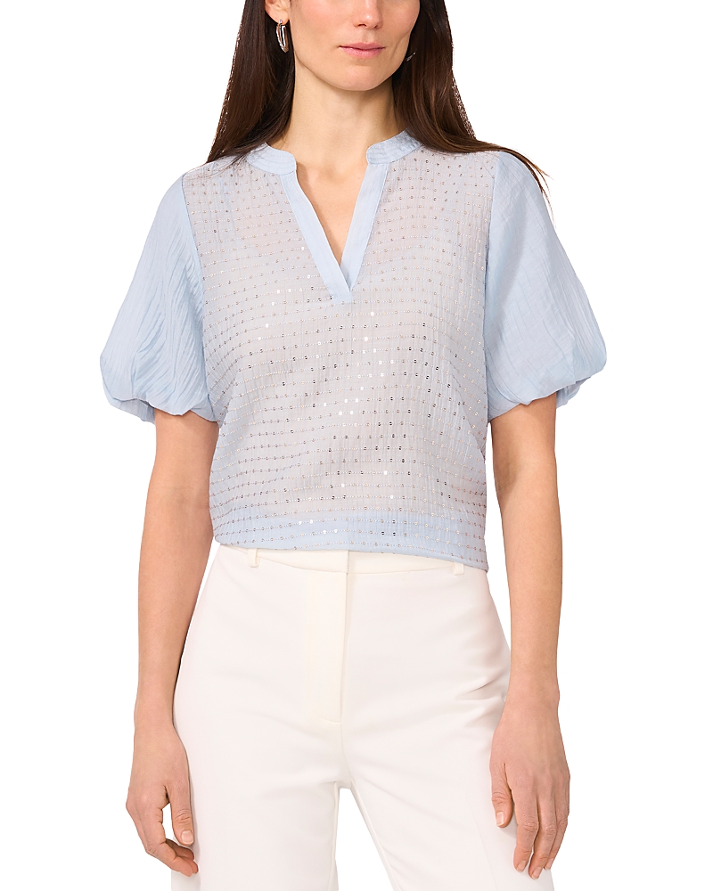 Vince Camuto Sequin Stripe Puff Sleeve Top In Lake Breeze