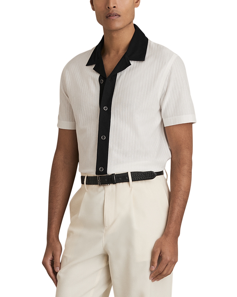 Reiss Mens White Navy Aster Short-sleeved Cotton Shirt In White/navy