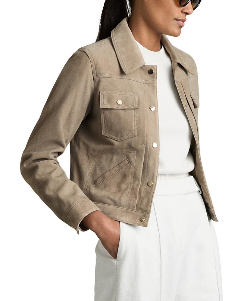Shop Reiss Conor Suede Trucker Jacket In Neutral