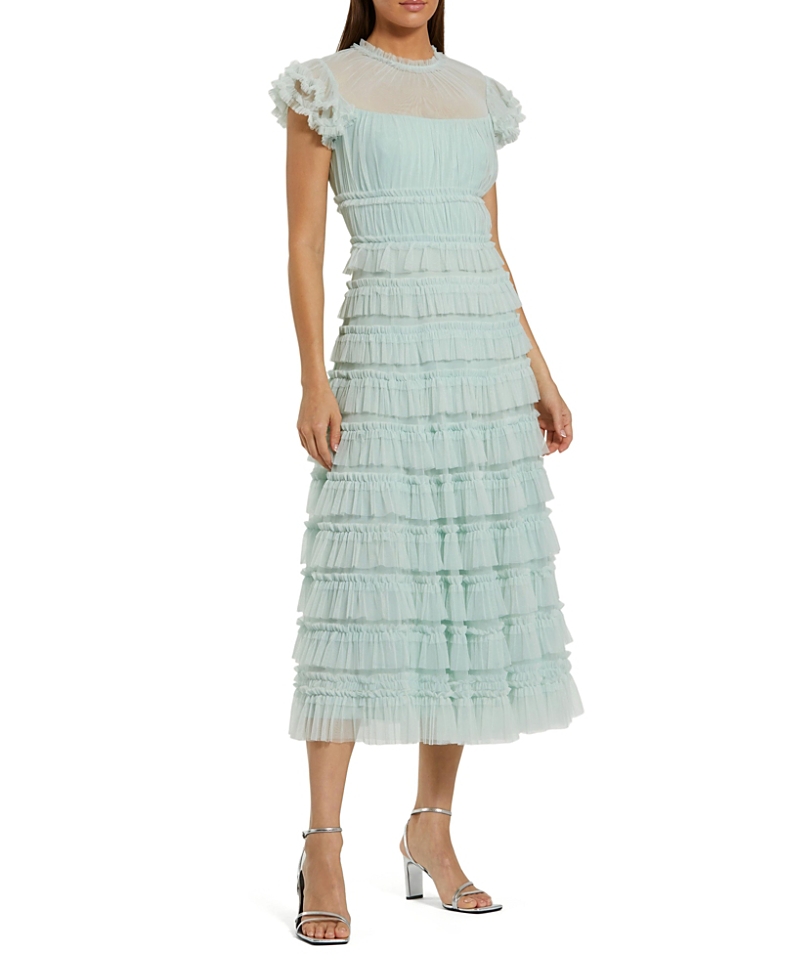 Mac Duggal Solid Mesh Dot Micro Ruffle High Neck Midi Dress In Mint
