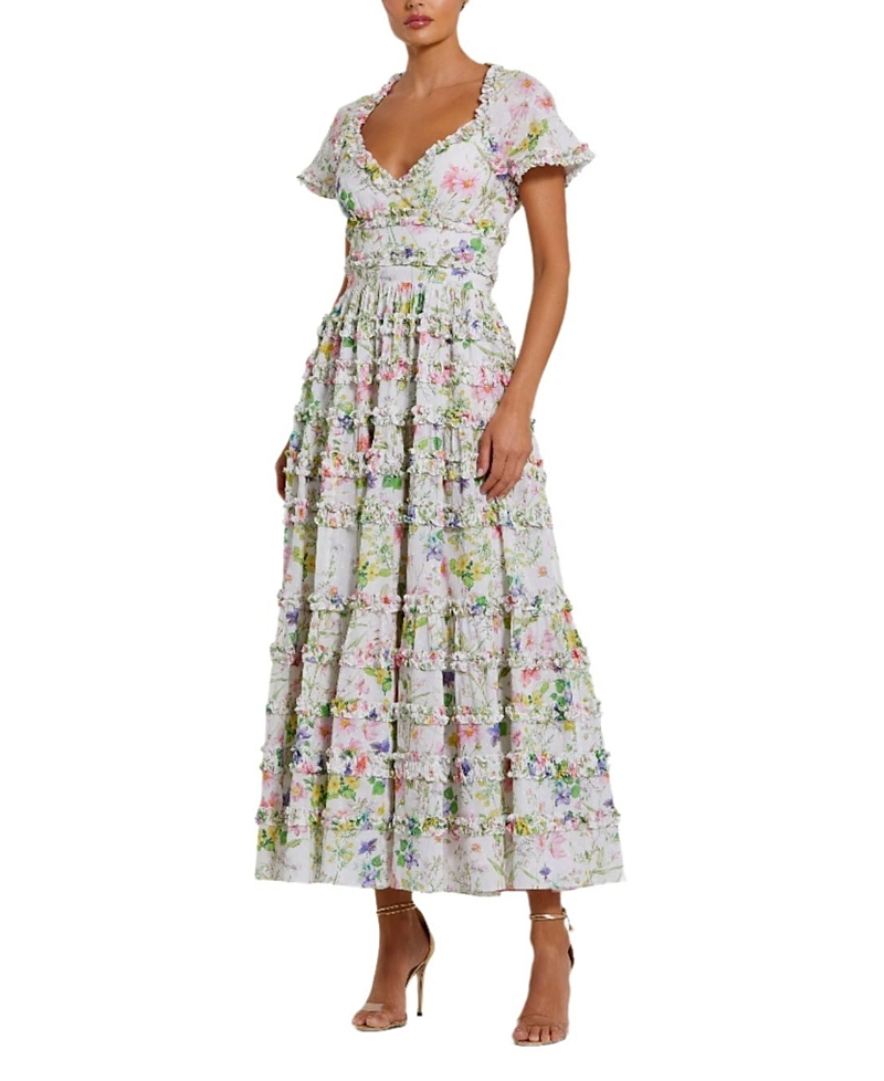 Mac Duggal Cap Sleeve V Neck Open Back Floral Cotton Dress In White Multi