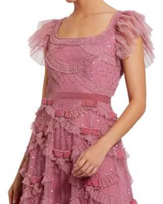 Dot Net Sequin Ruffle Sweetheart Neck Midi Dress