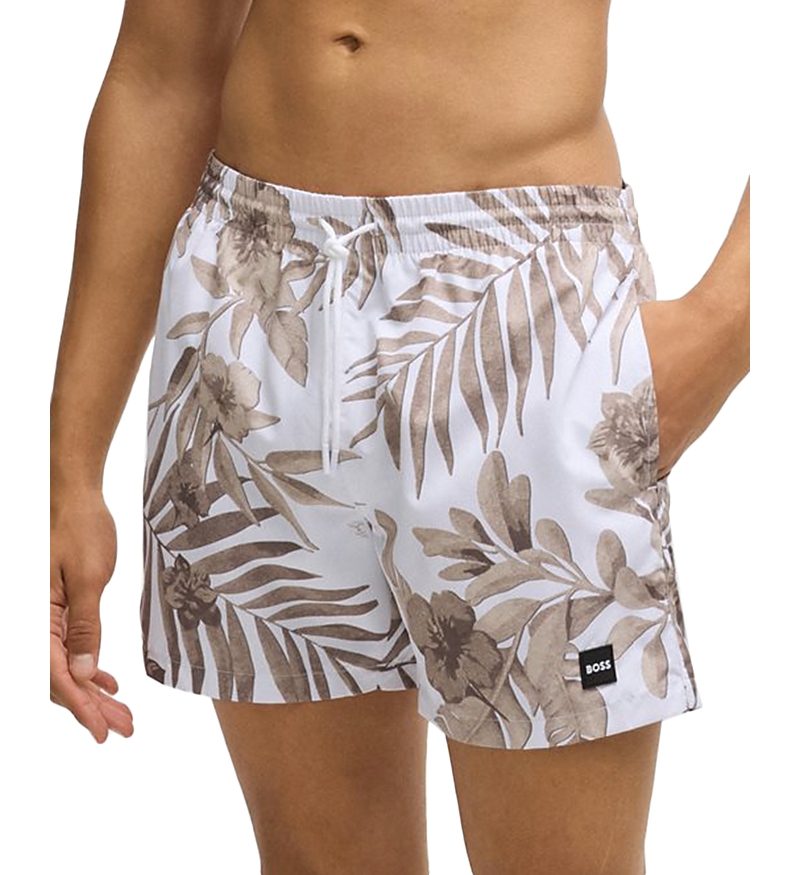 Hugo Boss Fully Lined Swim Shorts With Seasonal Print In Natural