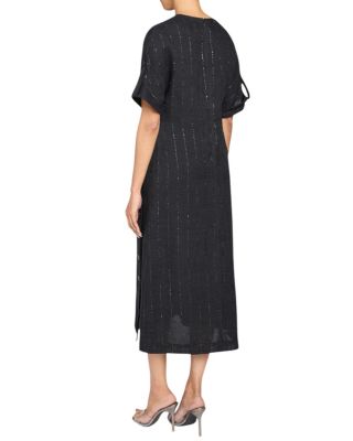 Serafina&nbsp;Short Sleeve Midi Shift Dress with Side Skirt Buttons in Metallic Striped Linen