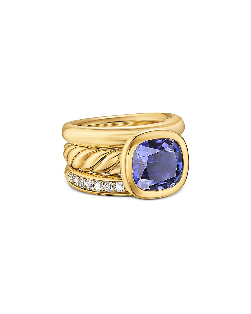 David Yurman Dy Mercer Three Row Stone Ring in 18K Yellow Gold with Iolite and Diamonds, 12mm