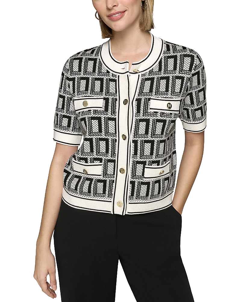 Shop Karl Lagerfeld Logo Short Sleeved Crewneck Cardigan Sweater In Strmy Wthr/milk