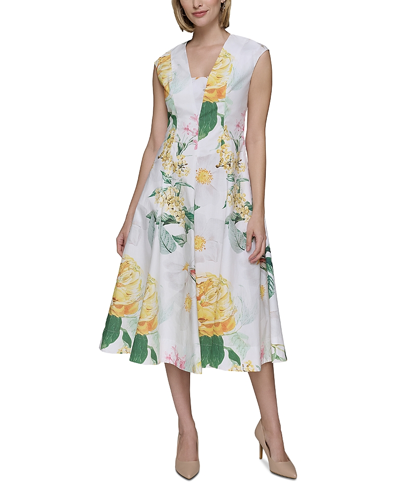 Karl Lagerfeld Petite Allover Floral Midi Dress In Soft White Multi
