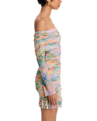 Fay Printed Ruched Off The Shoulder Mini Dress