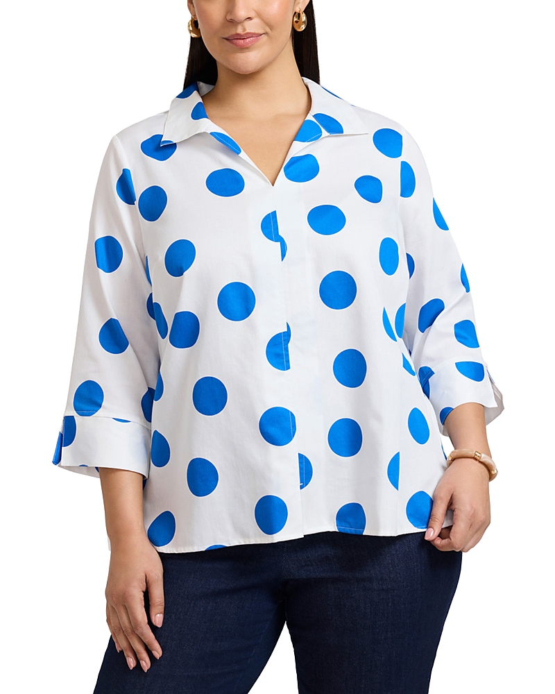 Foxcroft Plus Agnes 3/4 Sleeved Dot Shirt In White/blue