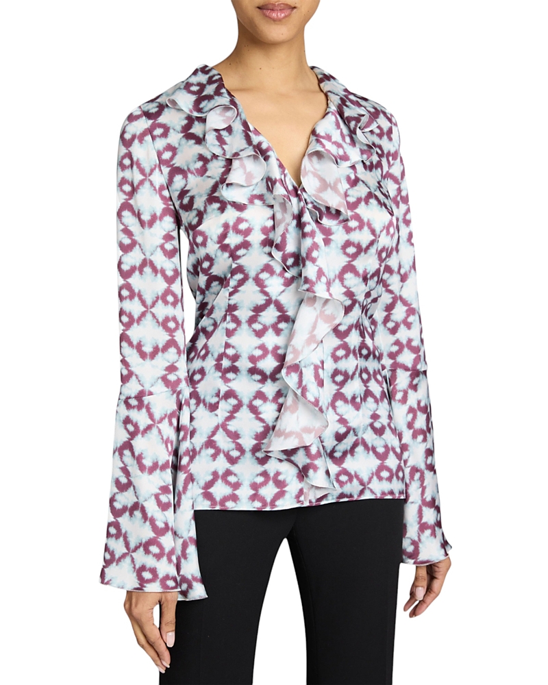 Santorelli Sydney Long Sleeve Button Down Blouse With Ruffles In Graphic Printed Charmeuse In Ocean Mist