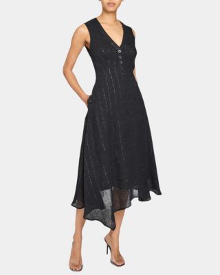 NIA Sleeveless Midi Dress with Asymmetric Hemline and Button Details in Metallic Striped Linen