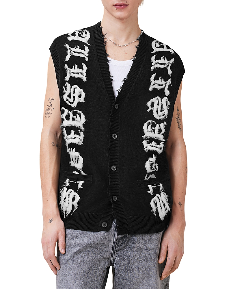 Allsaints Scripture Sleeveless Knitted Tank Top In Black/ecru