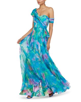Davina Printed Pleated Asymmetric Gown