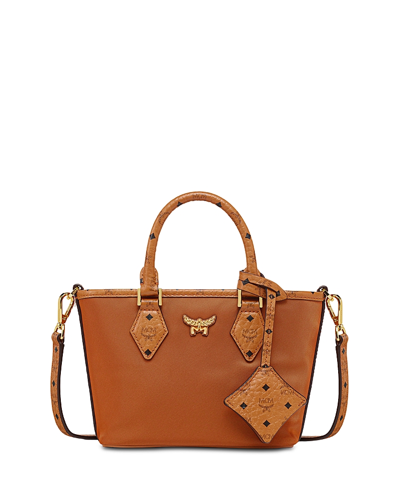 Mcm Mini Aren Shopper In Nylon & Monogram Print Leather In Cognac