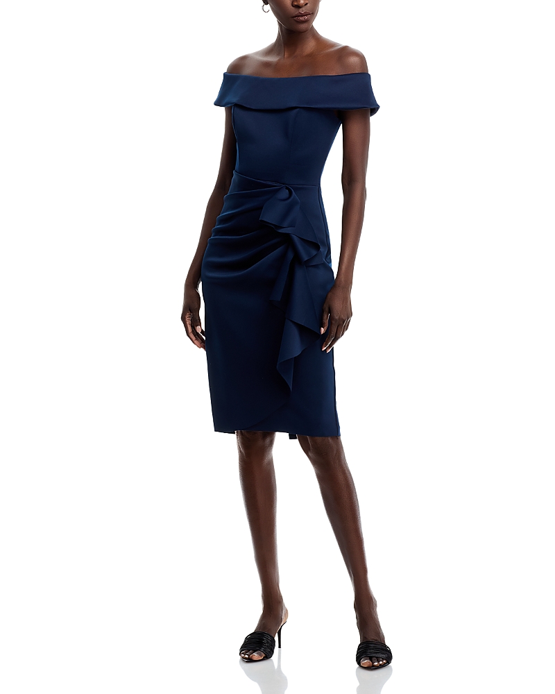 AQUA OFF THE SHOULDER RUCHED DRESS - EXCLUSIVE