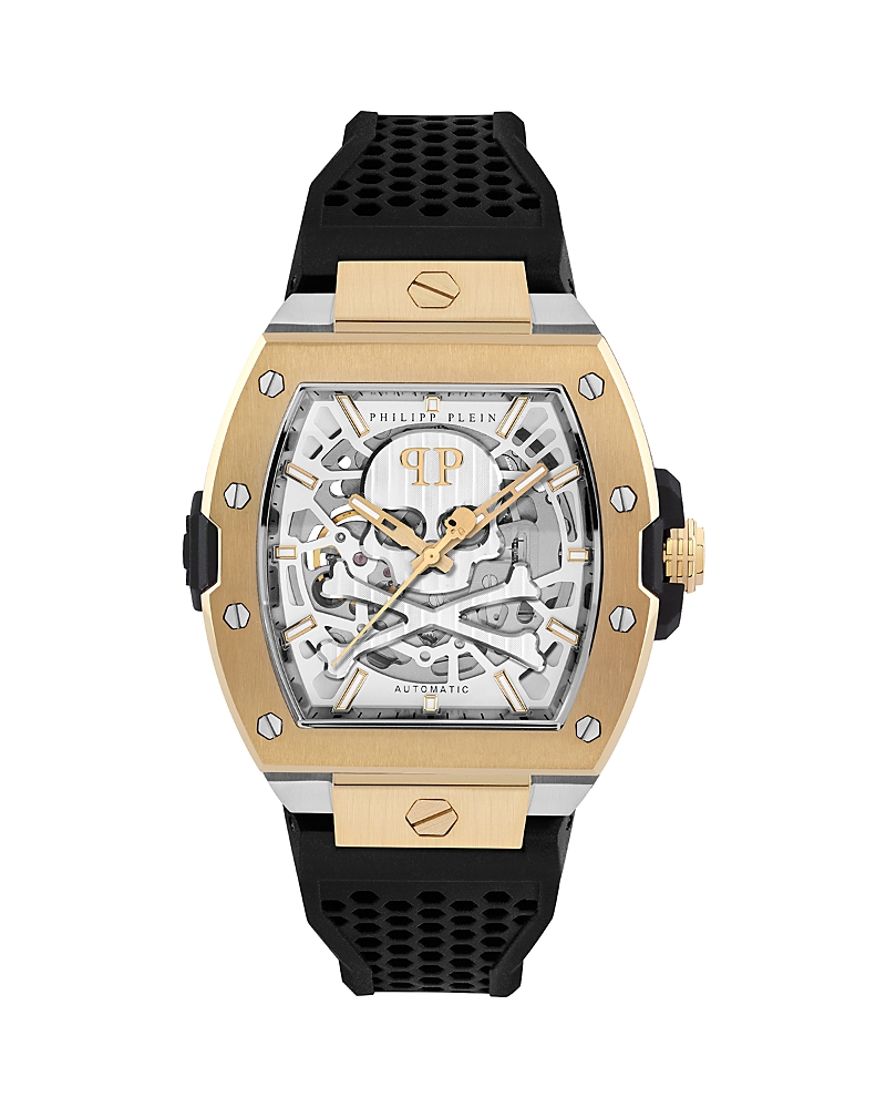 Philipp Plein Men's Automatic The $keleton Black Silicone Strap Watch 44mm In Silver/two Tone