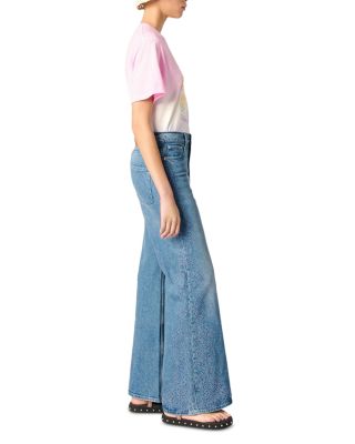 Embroidered High Rise Flared Jeans in Blue