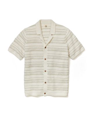 Open Knit Striped Short Sleeve Button Up