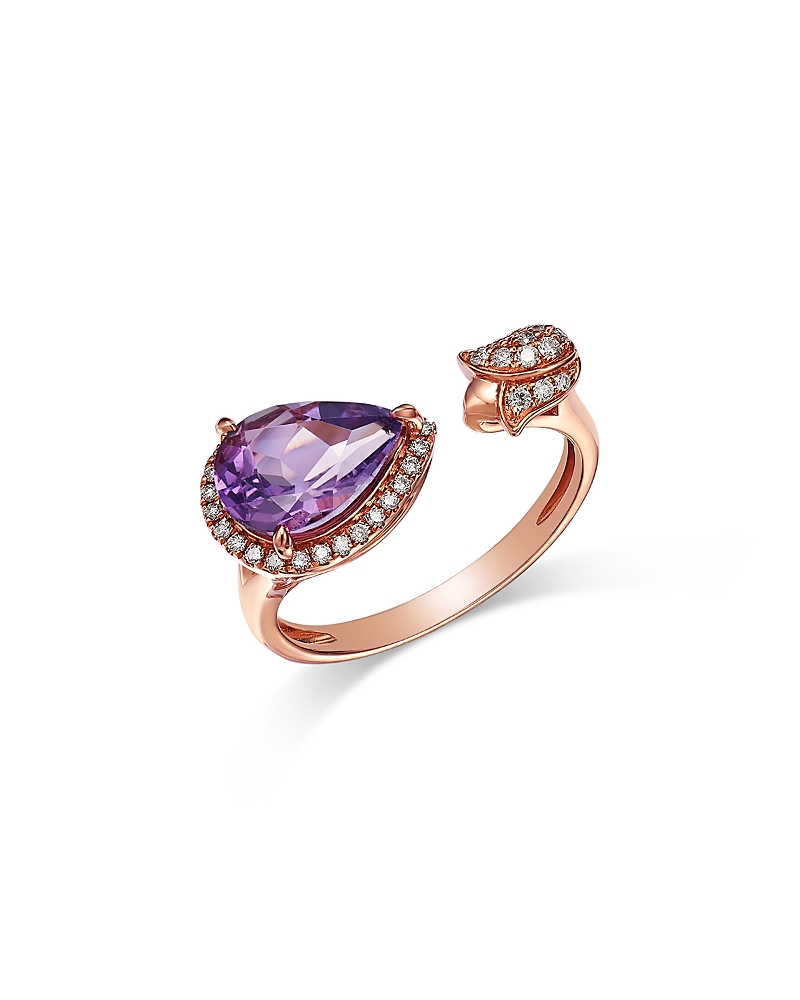 BLOOMINGDALE'S FINE COLLECTION PEAR SHAPED AMETHYST & DIAMOND OPEN RING IN 14K ROSE GOLD