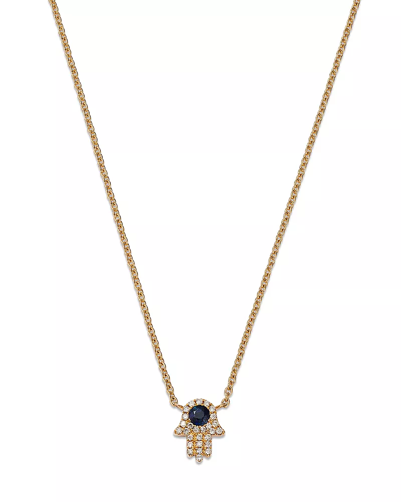 Bloomingdale's Fine Collection Sapphire & Diamond Hamsa Hand Pendant Necklace in 14K Yellow Gold, 18