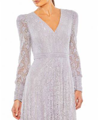Beaded Lace Long Sleeve Wrap Over Gown