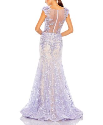 Embellished Cap Sleeve Cowl Neck Trumpet Gown