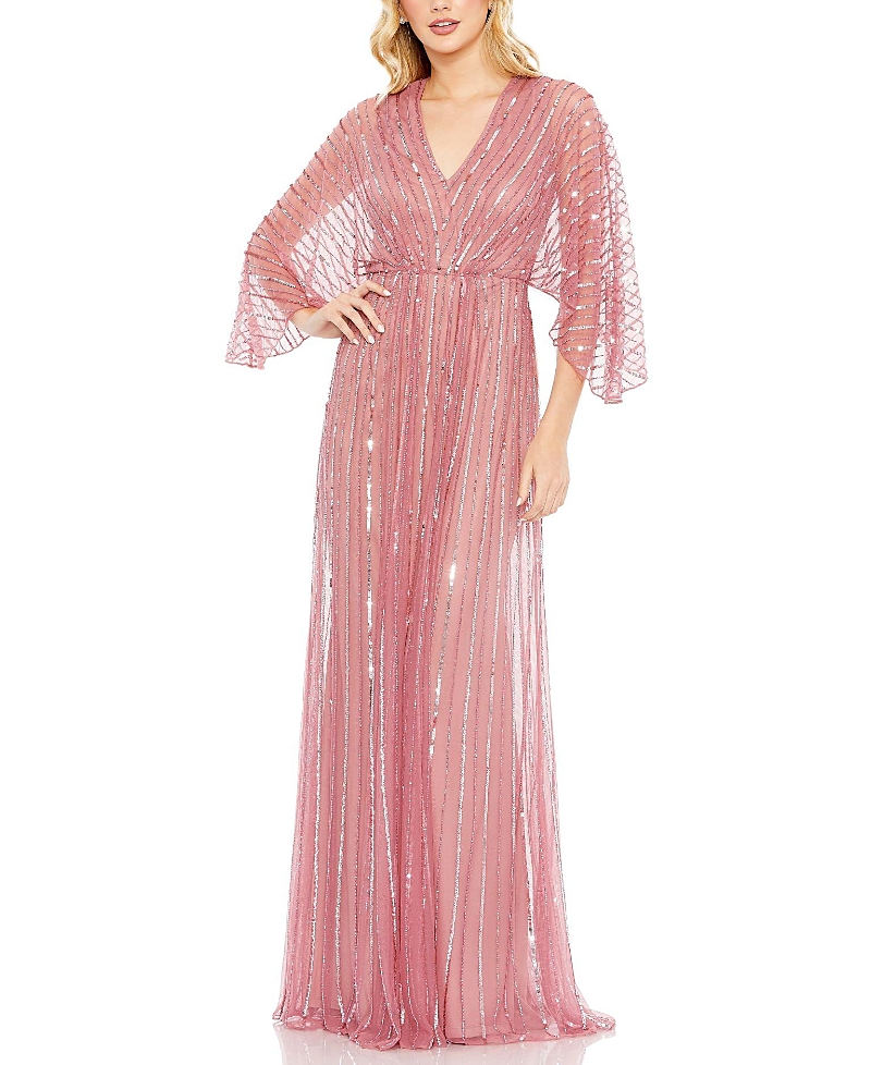 Mac Duggal Beaded Striping Kimono Sleeve V Neck Gown