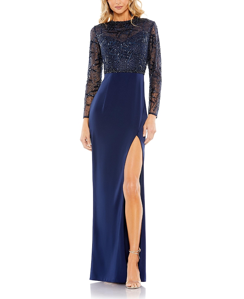 Mac Duggal Embellished High Neck Bodice Faux Wrap Gown In Midnight