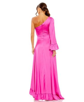 Long One Sleeve Asymmetrical Ruffle Hem Gown