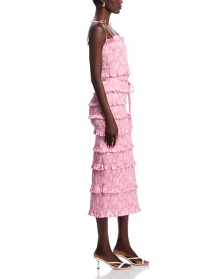 Lily Smocked Floral Print Ruffle Trim Midi Dress