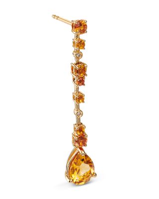 Citrine, Orange Sapphire & Diamond Linear Drop Earrings in 14K Yellow Gold 