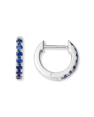 Blue Sapphire Huggie Hoop Earrings in 14K White Gold