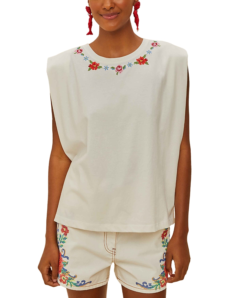 Farm Rio Off-white Cross Stitch Flowers Organic Cotton T-shirt