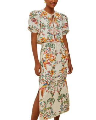 Delicate Forest Off White Linen Midi Skirt 