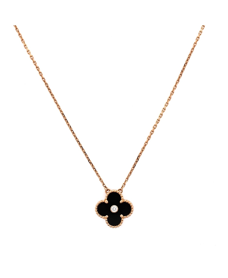 Pre-owned Pre-owned Van Cleef & Arpels Van Cleef & Arpels Vintage Alhambra Pendant Necklace 18k Rose Gold And Onyx With Diamond