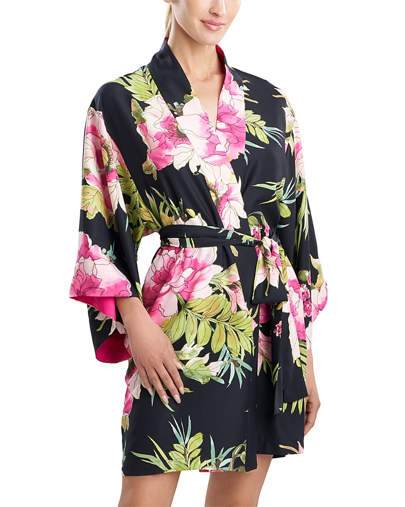 Natori Sonomi Floral Wrap Robe In Black Multi