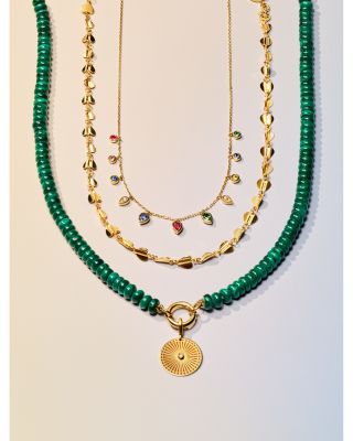 14K Yellow Gold Malachite Beads Necklace, 16-18"