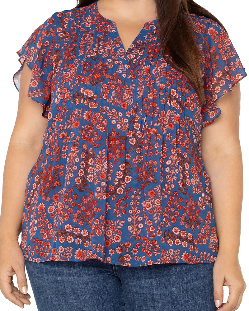 Liverpool Los Angeles Plus Double Layer Flutter Sleeve Woven Blouse In Black Pink Floral