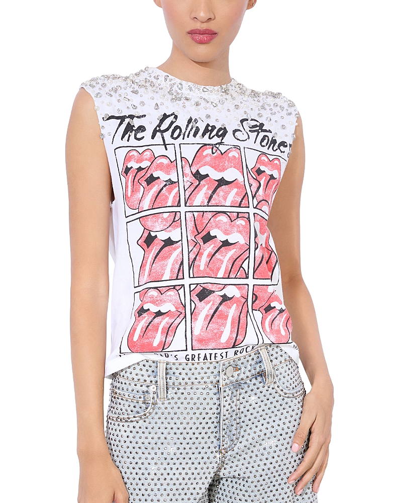 Alice And Olivia Micah Embellished Muscle Tank In Off White/multi