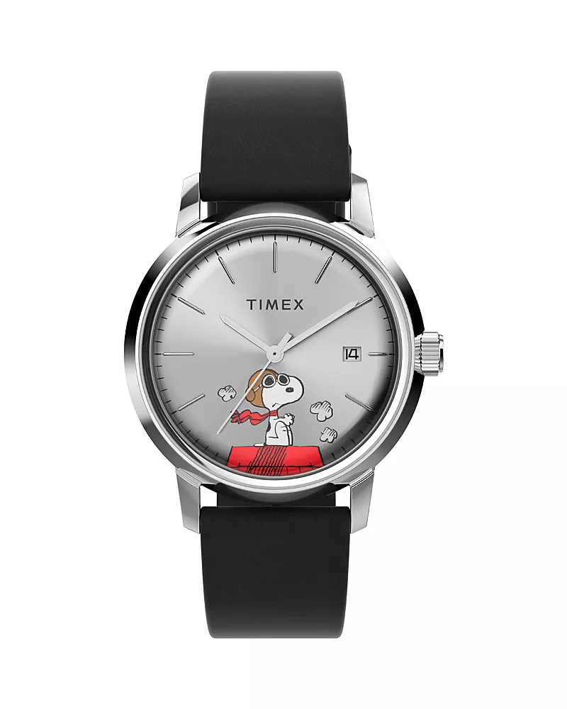 Timex x Peanuts Marlin Automatic Snoopy Flying Ace Leather Strap Watch, 40mm