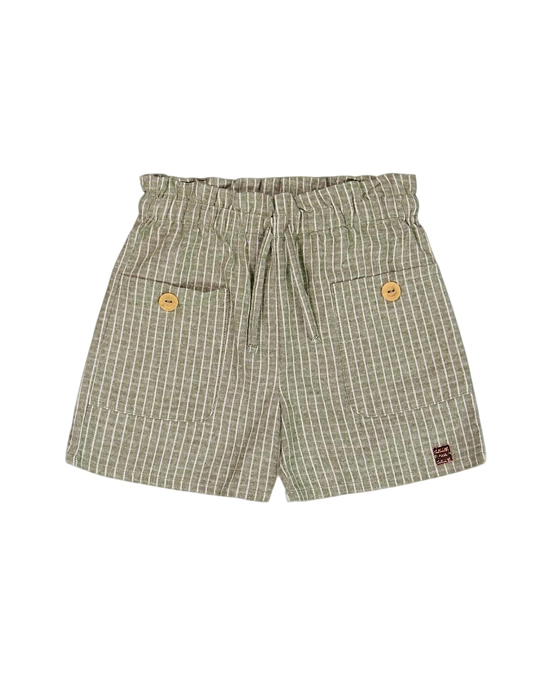 Deux Par Deux Girl's Linen Short With Pockets Medium Green And Cream Striped In Medium Green And Cream Striped