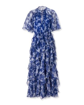 Silk Short Sleeve Tie Cape Ruffle Dress