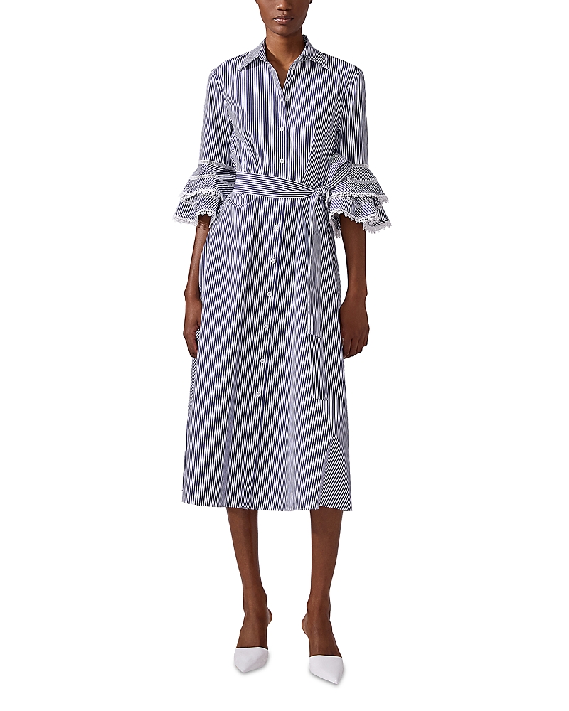 Carolina Herrera Stripe Tiered Ruffle Sleeve Belted Poplin Shirtdress In Multi
